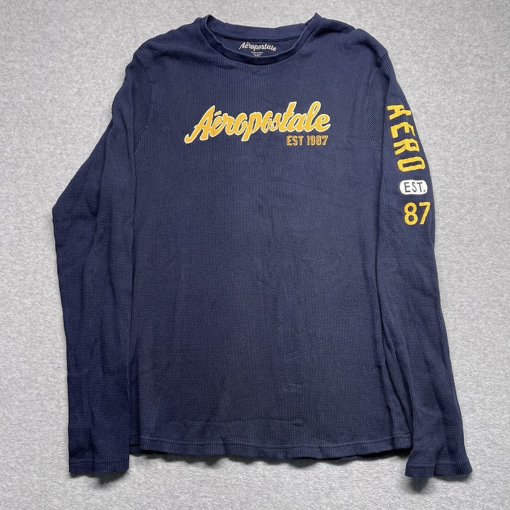 Aeropostale Long Sleeve T Shirt Blue Crest 1987 Aero XL Thermal Top Navy Yellow
